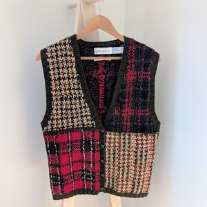 Vintage Houndstooth Plaid Abstract Geometric Button Front Sweater Vest In  Green